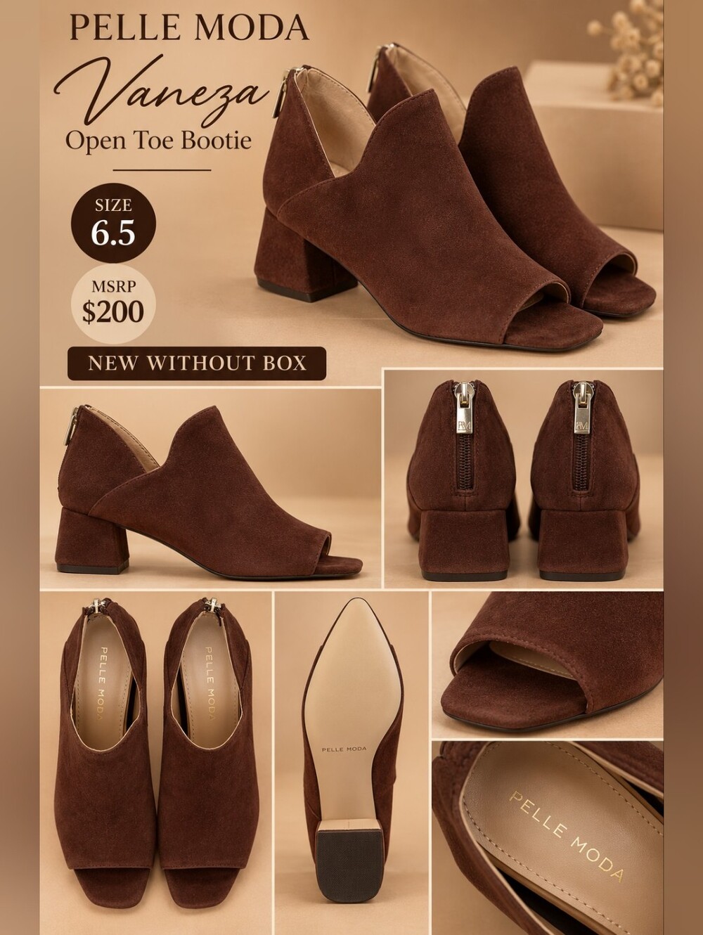 Pelle Moda Espresso Brown Suede Open Toe Block Heel Booties - NWOB